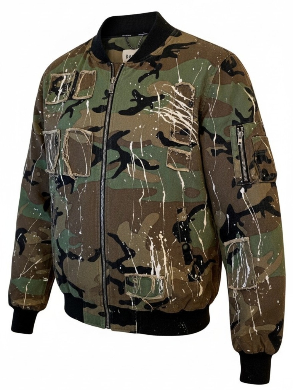 Reason Men’s L Camo Bomber Jacket Distressed Patchwork Paint Splatter Streetwear